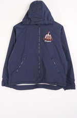 Navy blue jacket with a logo on the chest against a white background