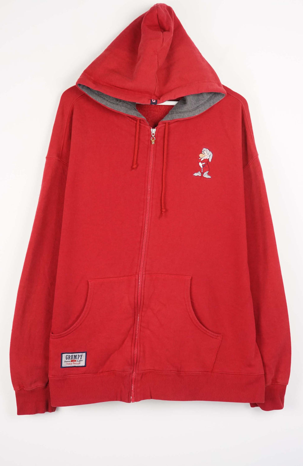 Red hoodie with a small white logo on a white background