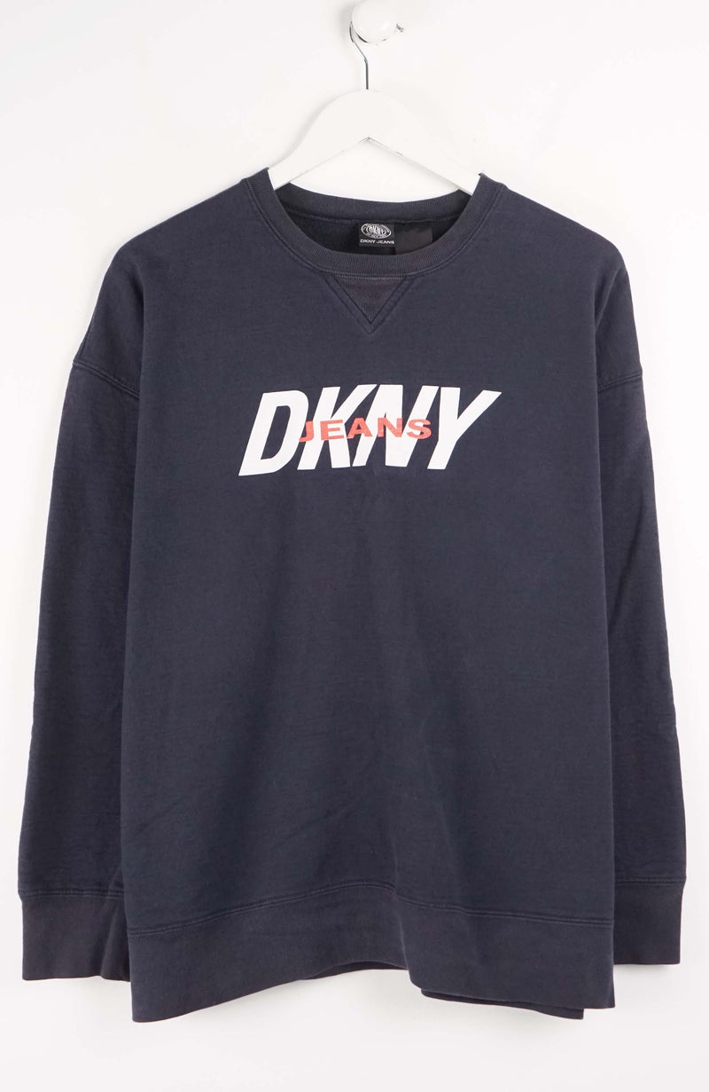 Navy blue sweatshirt with 'DKNY' logo on a white background