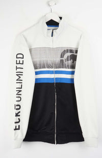 White cycling jersey with black and blue accents on a hanger