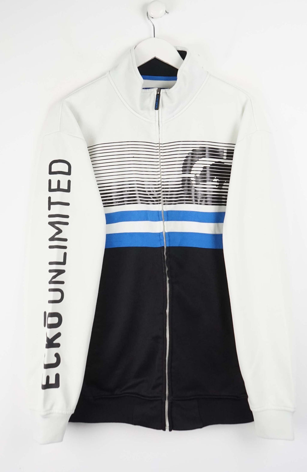 White cycling jersey with black and blue accents on a hanger