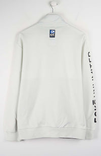 White sweatshirt with branding on a white background