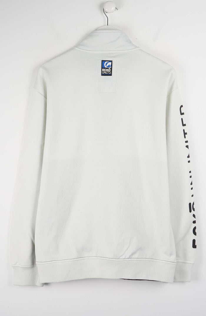 White sweatshirt with branding on a white background