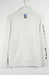 White sweatshirt with branding on a white background