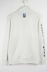 White sweatshirt with branding on a white background