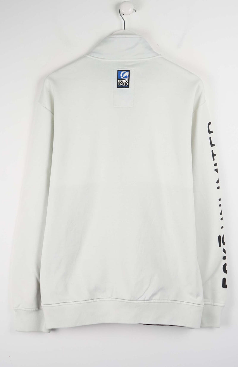 White sweatshirt with branding on a white background