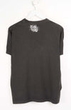 Black t-shirt with a logo on a white background