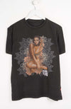 Black t-shirt with a graphic design of a woman and mandala on a white background