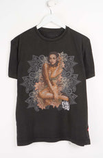 Black t-shirt with a graphic design of a woman and mandala on a white background