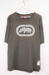 Gray t-shirt with a rhino graphic on a white background