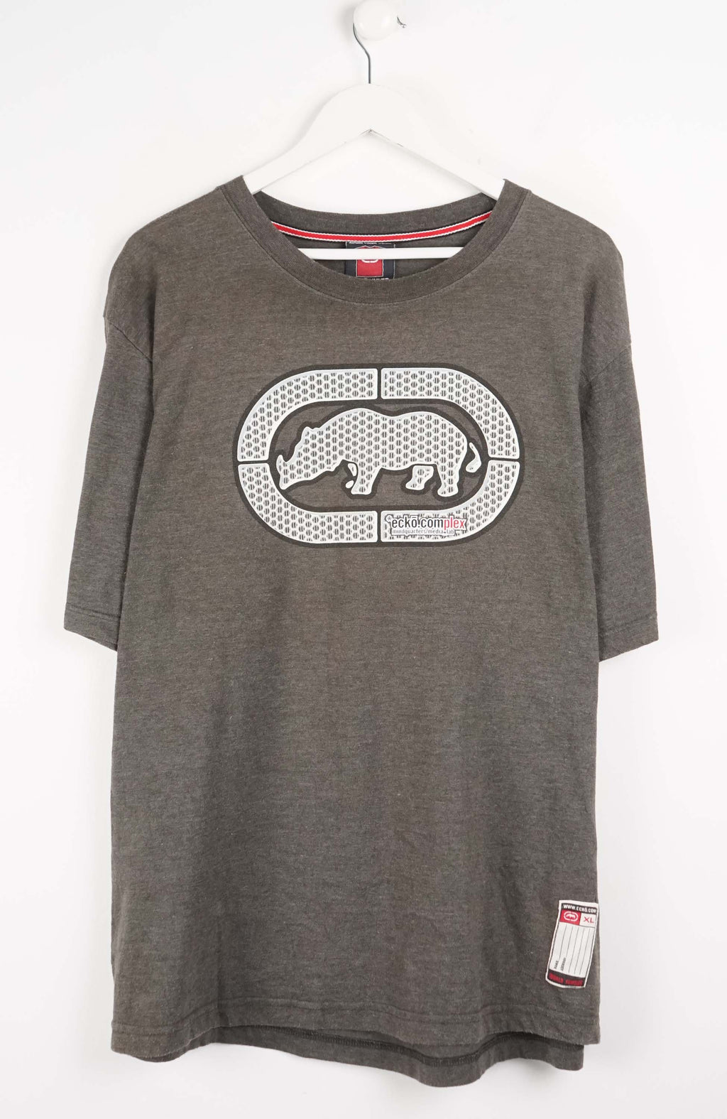 Gray t-shirt with a rhino graphic on a white background