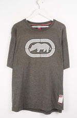 Gray t-shirt with a rhino graphic on a white background