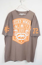 Gray t-shirt with orange and white graphics on a white background