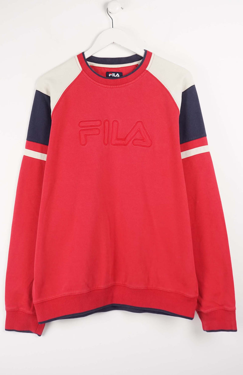 Red sweatshirt with white and navy sleeves on a white background