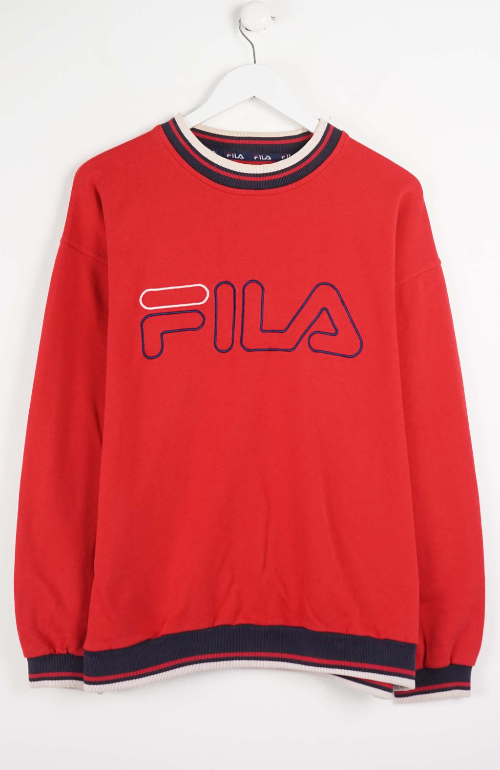 Red Fila sweatshirt on a white background