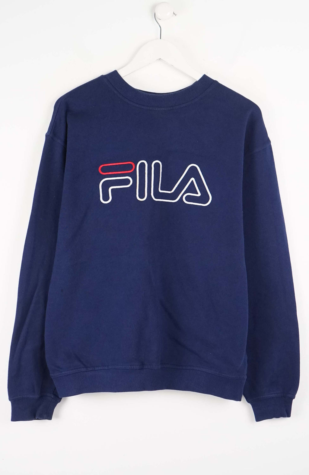 Navy blue sweatshirt with Fila logo on a white background