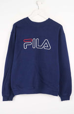 Navy blue sweatshirt with Fila logo on a white background