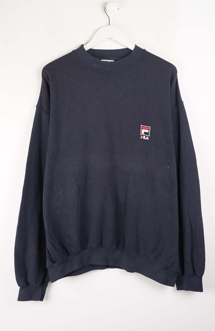 Navy blue sweatshirt with a small logo on a white background