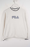 White sweatshirt with Fila logo on a white background