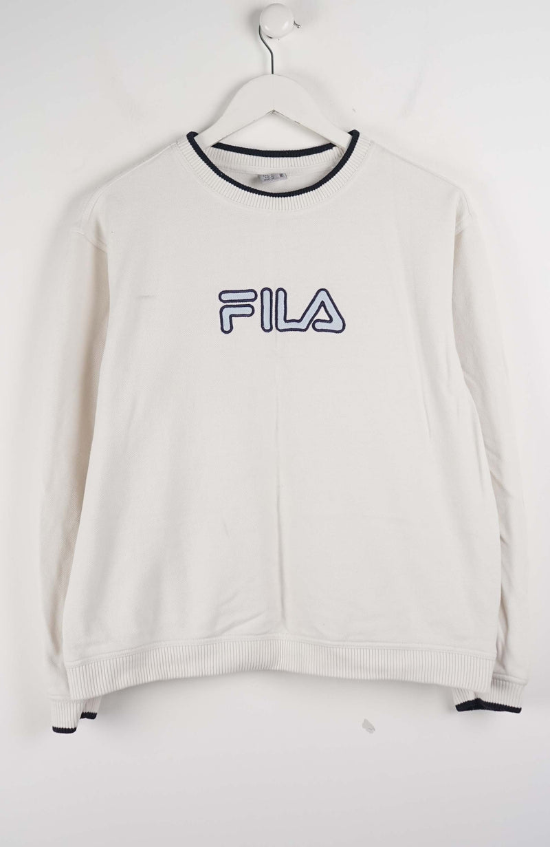 White sweatshirt with Fila logo on a white background