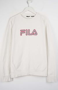 White sweatshirt with red FILA logo on a white background