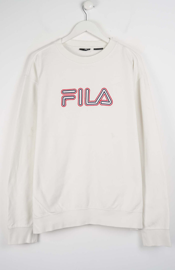 White sweatshirt with red FILA logo on a white background