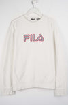 White sweatshirt with red FILA logo on a white background