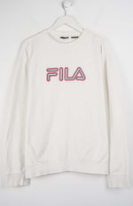 White sweatshirt with red FILA logo on a white background