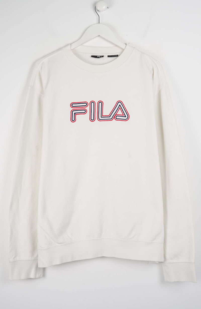 White sweatshirt with red FILA logo on a white background