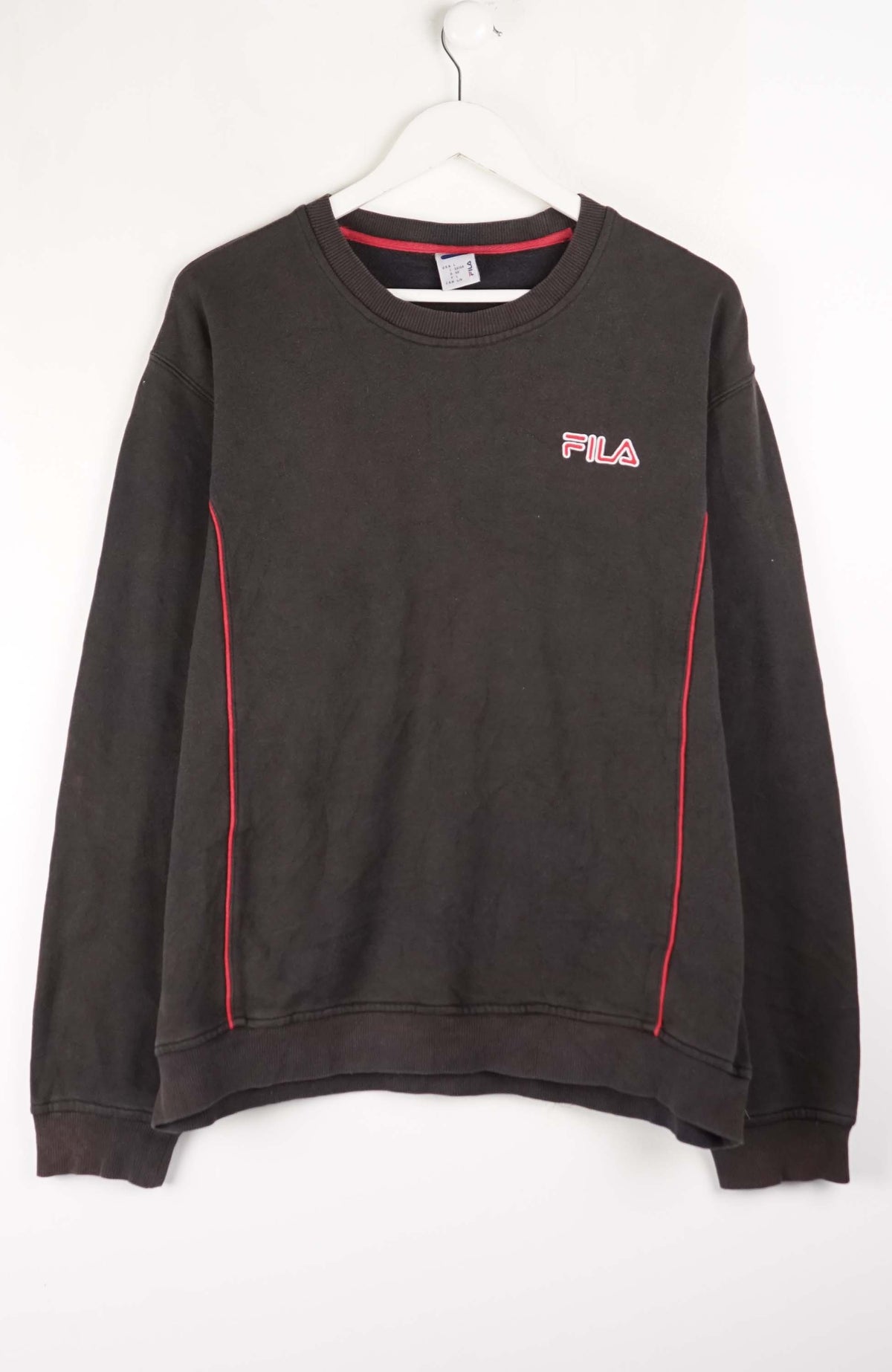 Black sweatshirt with red accents and a logo on a white background