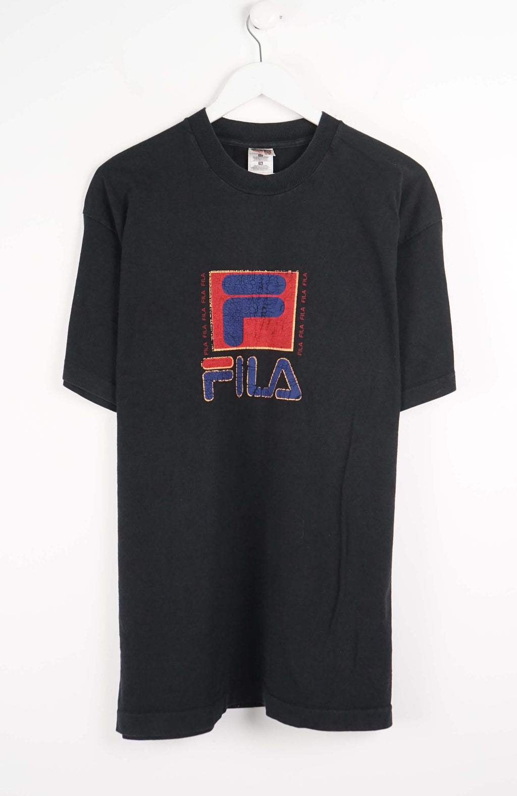 Black t-shirt with red and blue logo on a white background