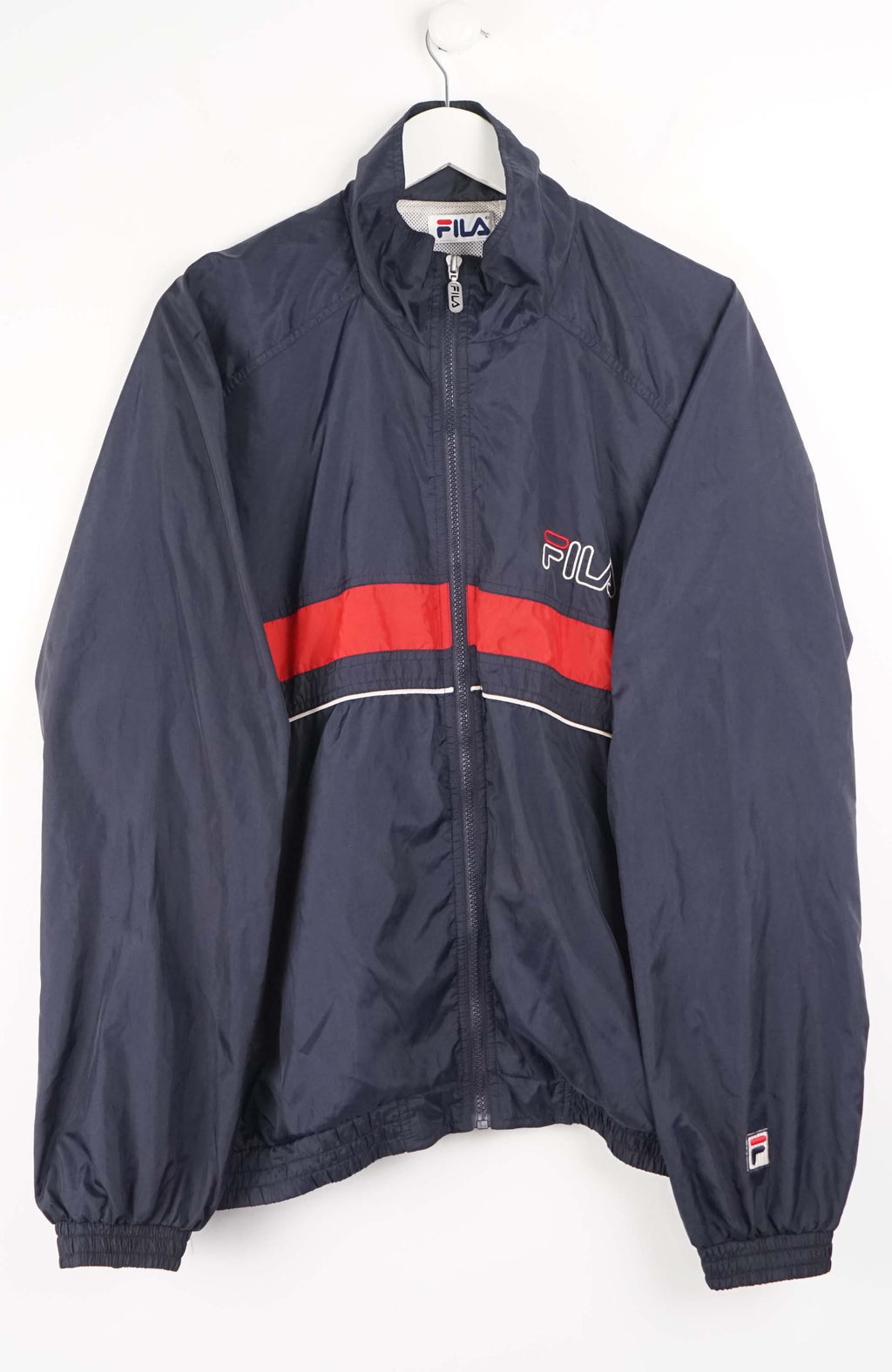 Navy blue jacket with red and white stripe on a white background