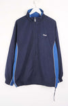 Navy blue jacket with blue accents on a hanger against a white background