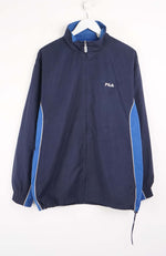 Navy blue jacket with blue accents on a hanger against a white background