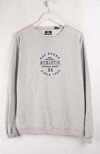 Gray sweatshirt with 'Gap Brand Athletic' text on a white background