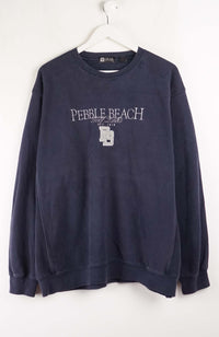 Navy blue sweatshirt with 'Pebble Beach' text on a white background