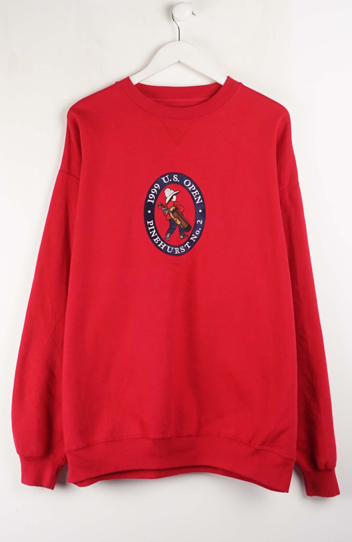Red sweatshirt with a logo on a white background