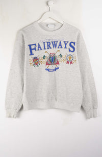 Gray sweatshirt with 'FAIRWAYS' text and graphics on a white background