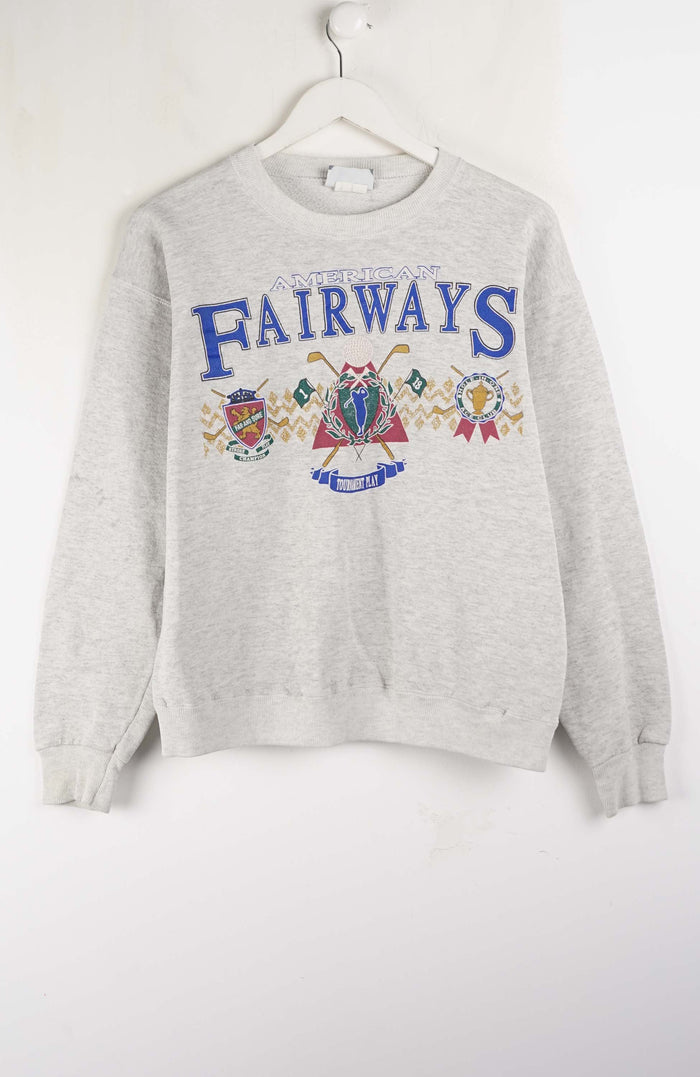 Gray sweatshirt with 'FAIRWAYS' text and graphics on a white background