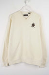 Beige sweater with a logo on a white background