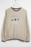 Beige ribbed sweater with 'Pebble' branding on a white background