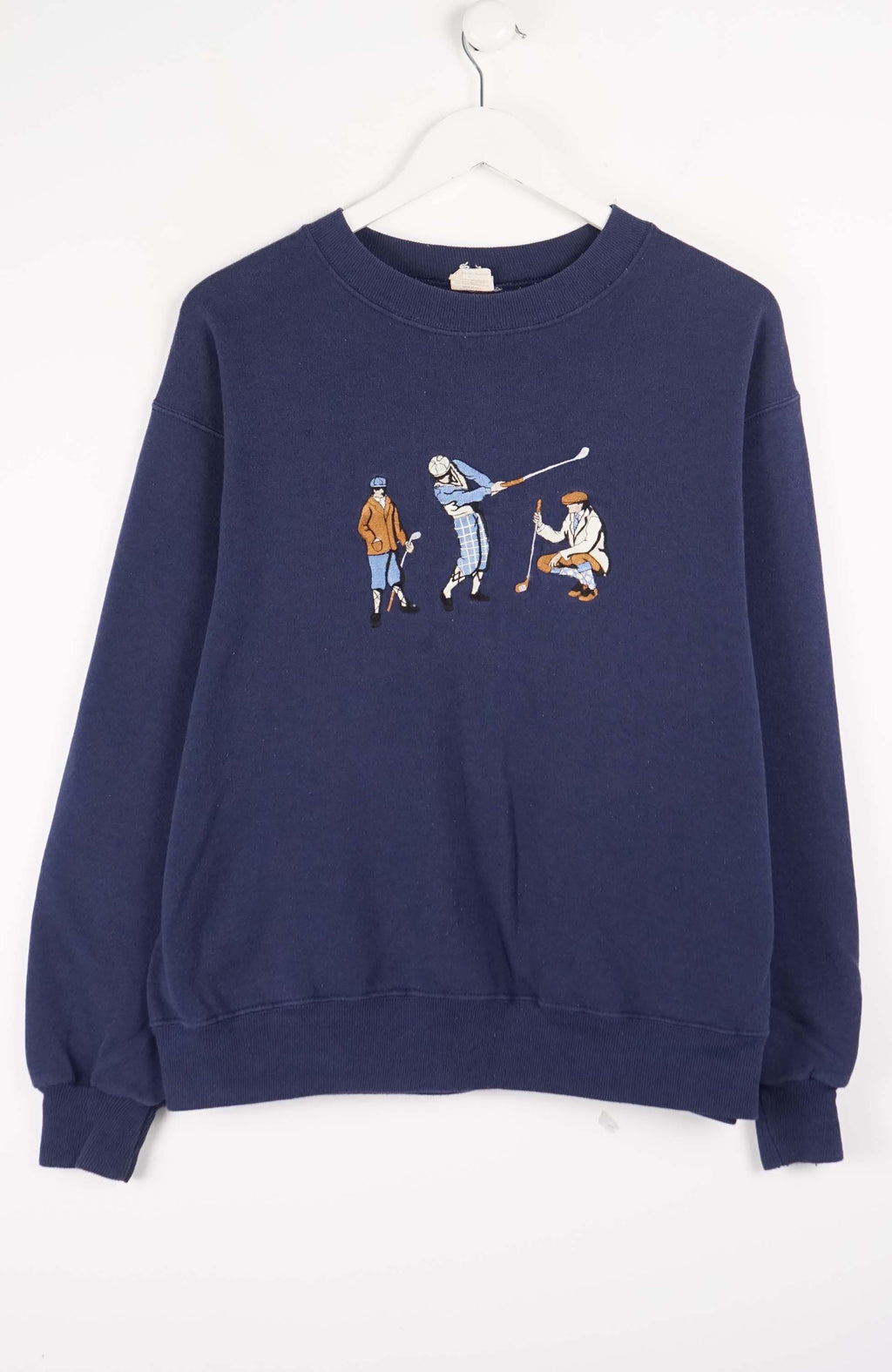 Navy blue sweatshirt with embroidered design on a white background