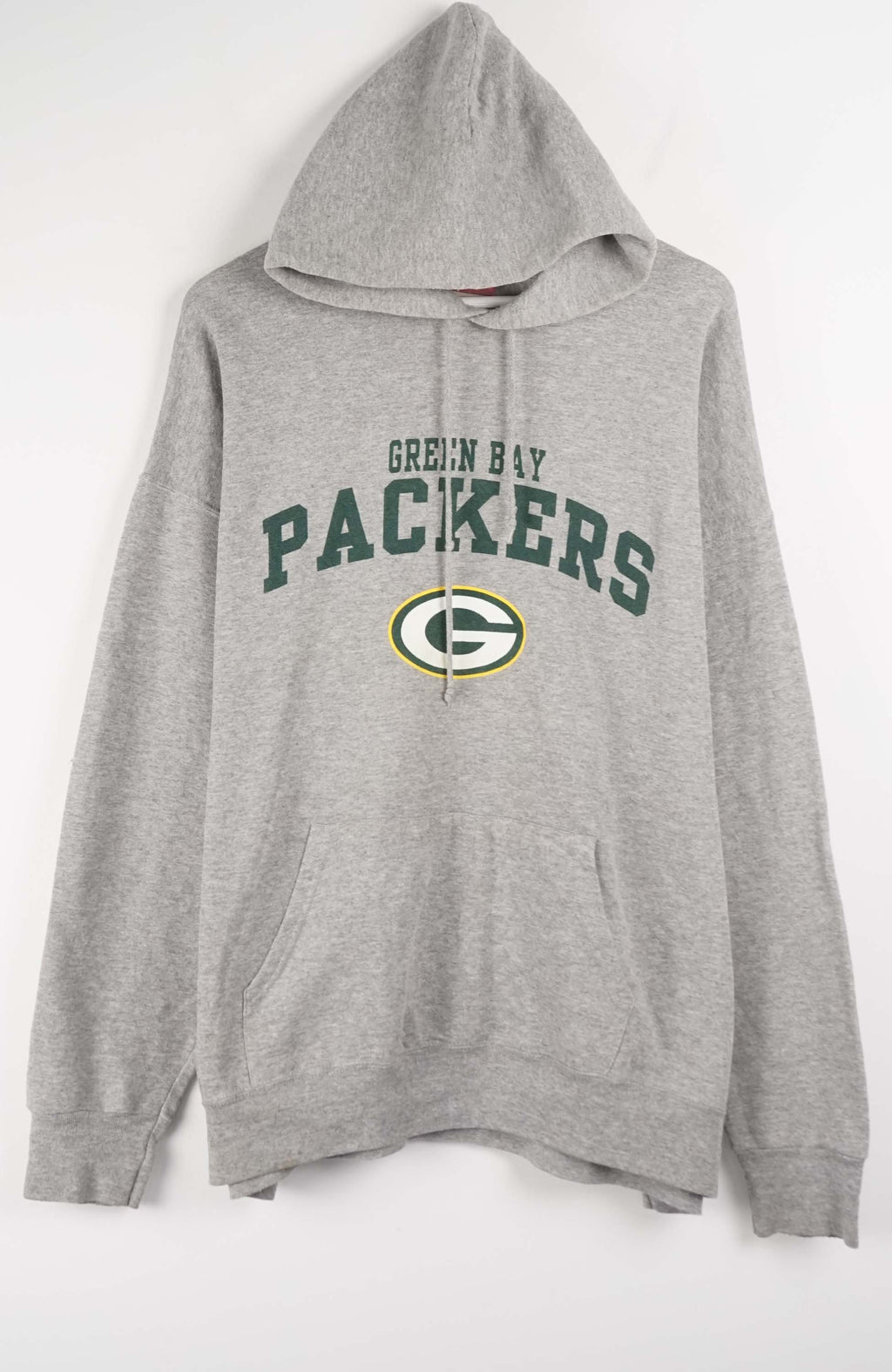 Gray hoodie with Green Bay Packers logo on a white background