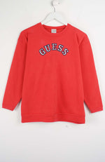 Red sweatshirt with 'Guess' logo on a white background