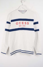 White sweater with blue stripes and red 'Guess' logo on a white background