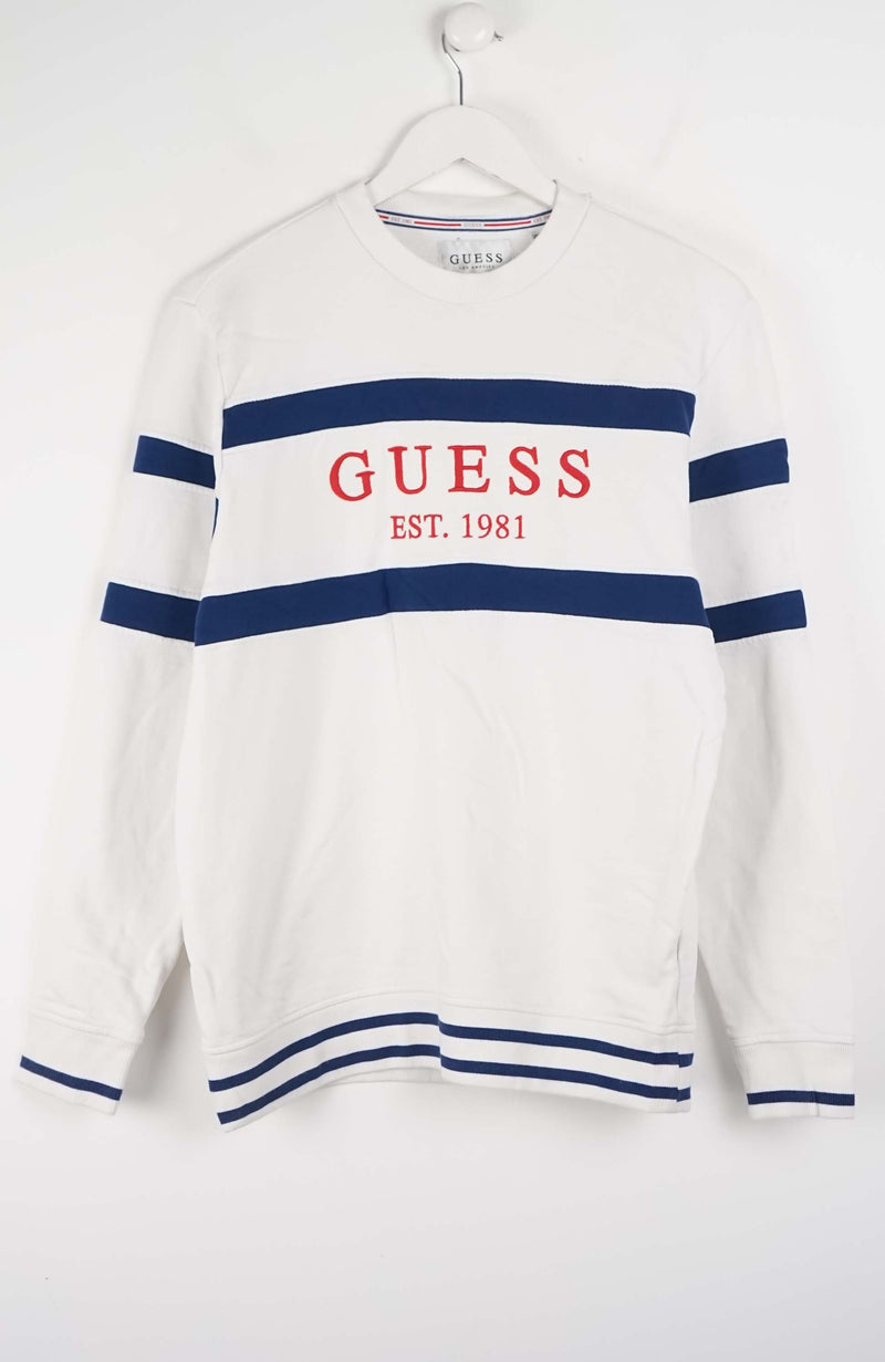 White sweater with blue stripes and red 'Guess' logo on a white background