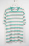 Striped shirt with green and gray horizontal stripes on a white background