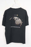 Black t-shirt with graphic design and text on a white background