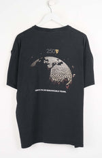 Black t-shirt with graphic design and text on a white background