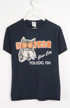 Black t-shirt with Hooters logo and text on a white background